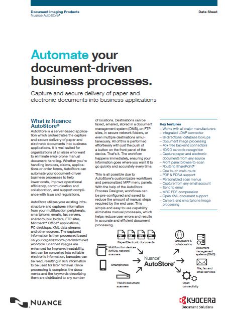 Kyocera Software Capture And Distribution Nuance Autostore Data Sheet Thumb, Digital Office Solutions, Kyocera, Copystar, Dealer, Reseller, PA, NJ, MD, DE, Feasterville, Philadelphia