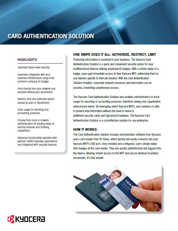 Kyocera Software Cost Control And Security Card Authentication Data Sheet Thumb, Digital Office Solutions, Kyocera, Copystar, Dealer, Reseller, PA, NJ, MD, DE, Feasterville, Philadelphia