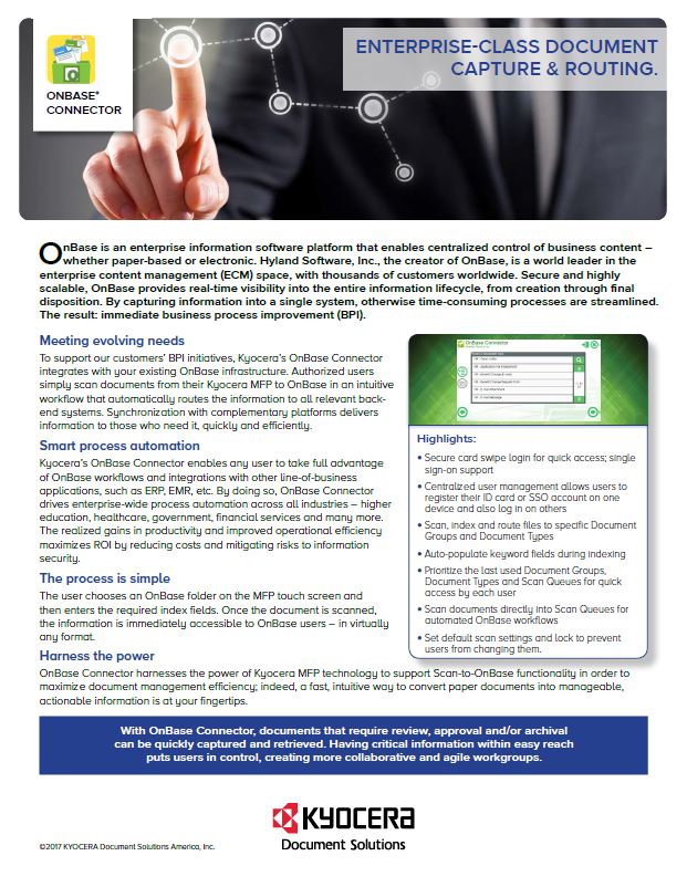 Kyocera Software Document Management Onbase Connector Data Sheet Thumb, Digital Office Solutions, Kyocera, Copystar, Dealer, Reseller, PA, NJ, MD, DE, Feasterville, Philadelphia