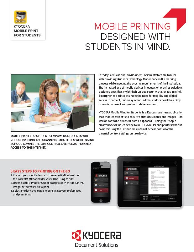 Kyocera Software Mobile And Cloud Kyocera Mobile Print For Students Data Sheet Thumb, Digital Office Solutions, Kyocera, Copystar, Dealer, Reseller, PA, NJ, MD, DE, Feasterville, Philadelphia