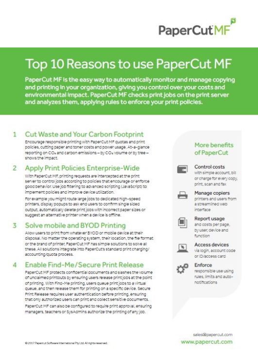Top 10 Reasons, Papercut MF, Digital Office Solutions, Kyocera, Copystar, Dealer, Reseller, PA, NJ, MD, DE, Feasterville, Philadelphia